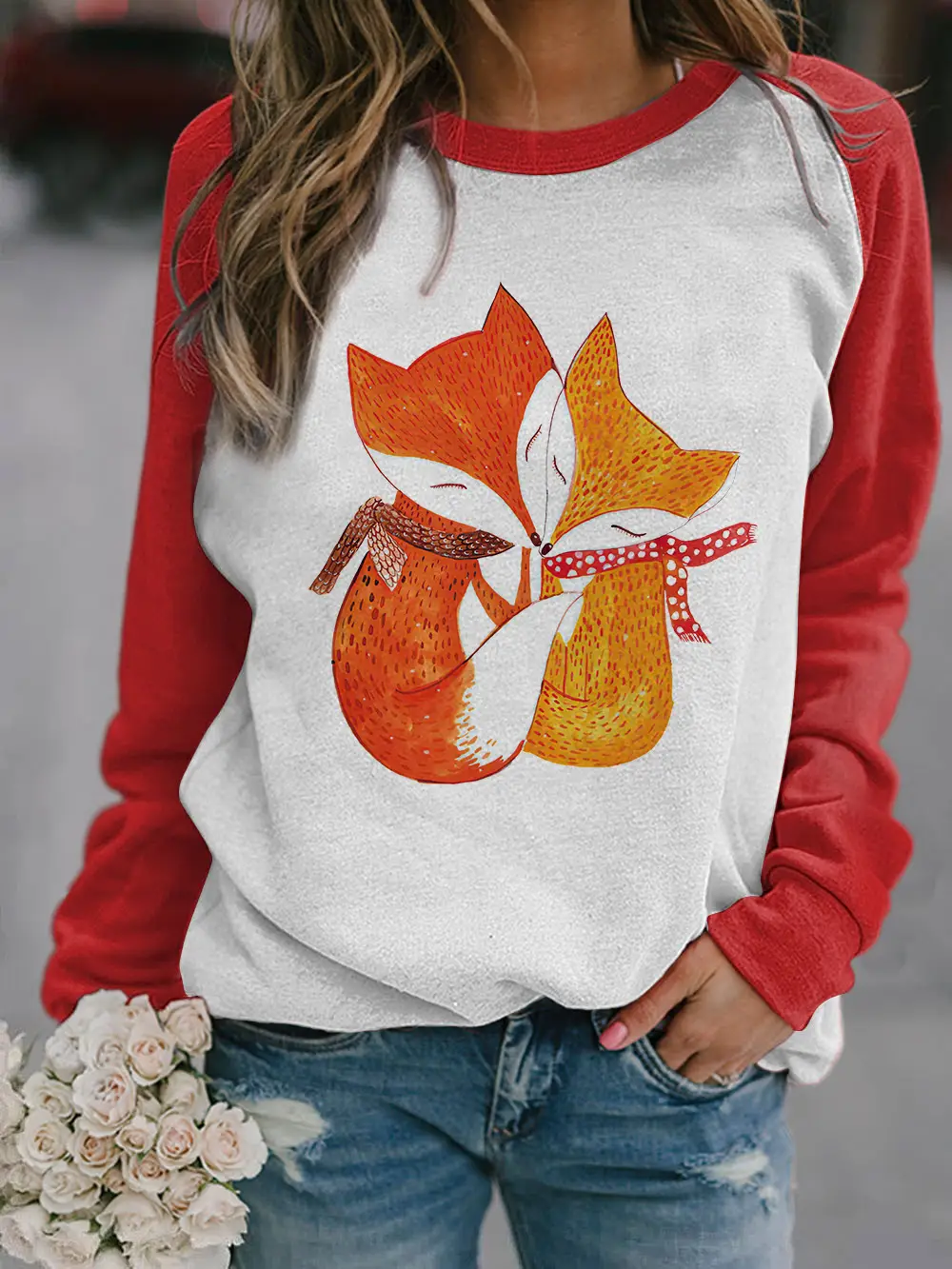 2022 3D Animal Print Raglan Pullover Sweater White Red