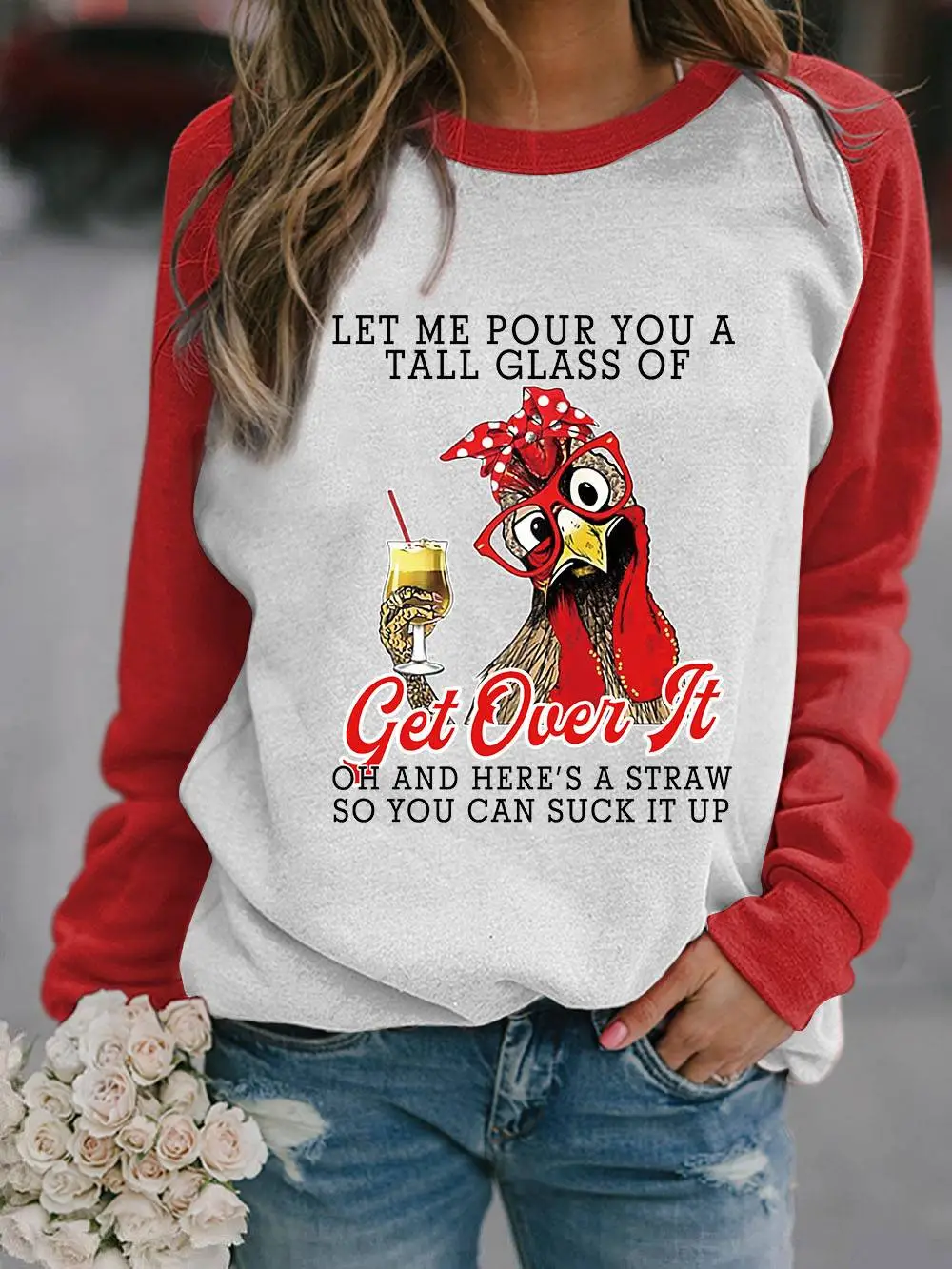 2022 3D Animal Print Raglan Pullover Sweater White Red