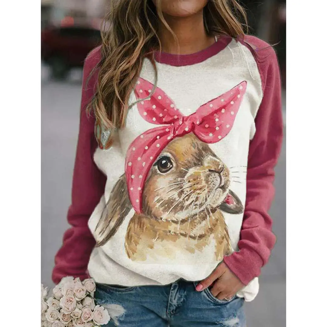 2022 3D Animal Print Raglan Pullover Sweater White Red