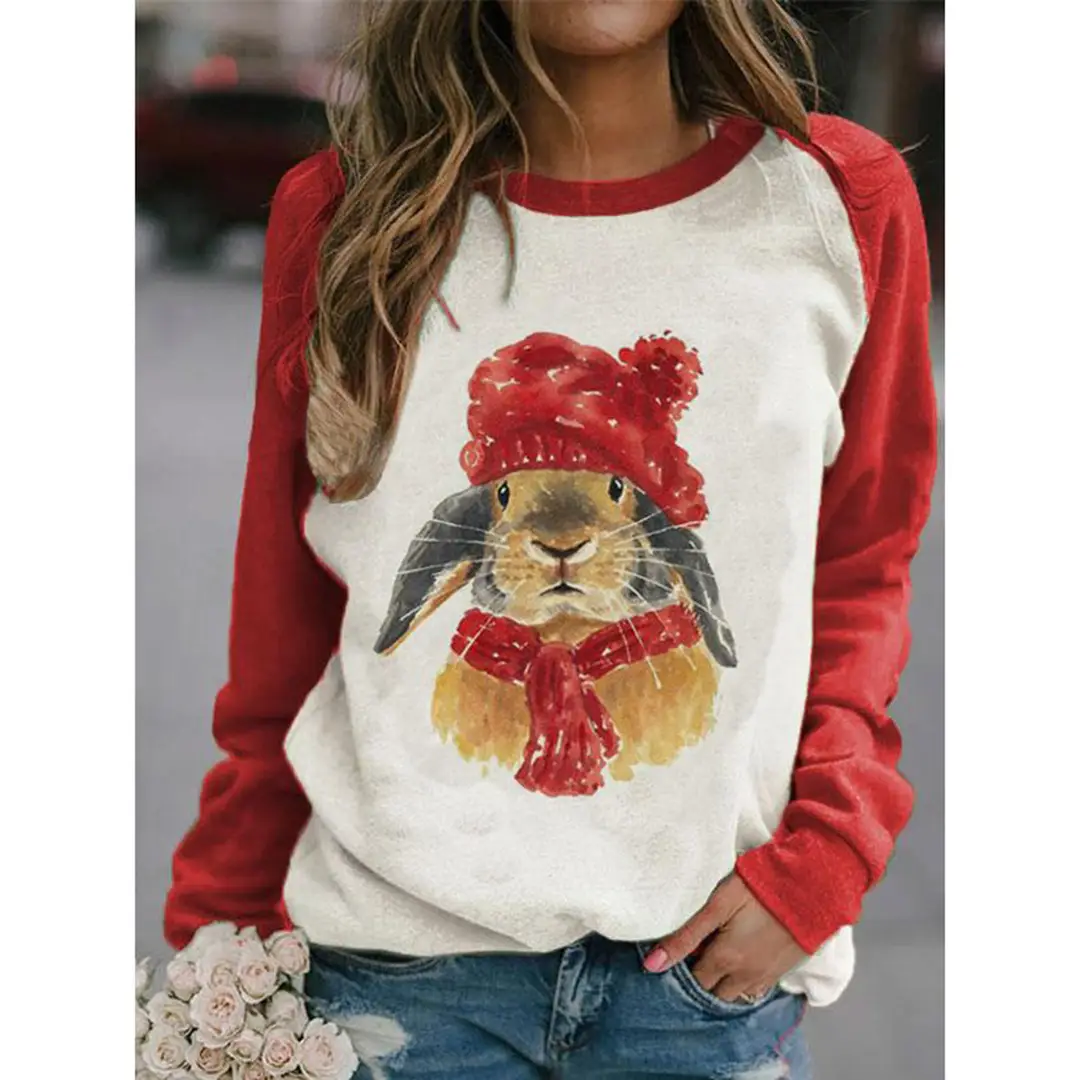 2022 3D Animal Print Raglan Pullover Sweater White Red