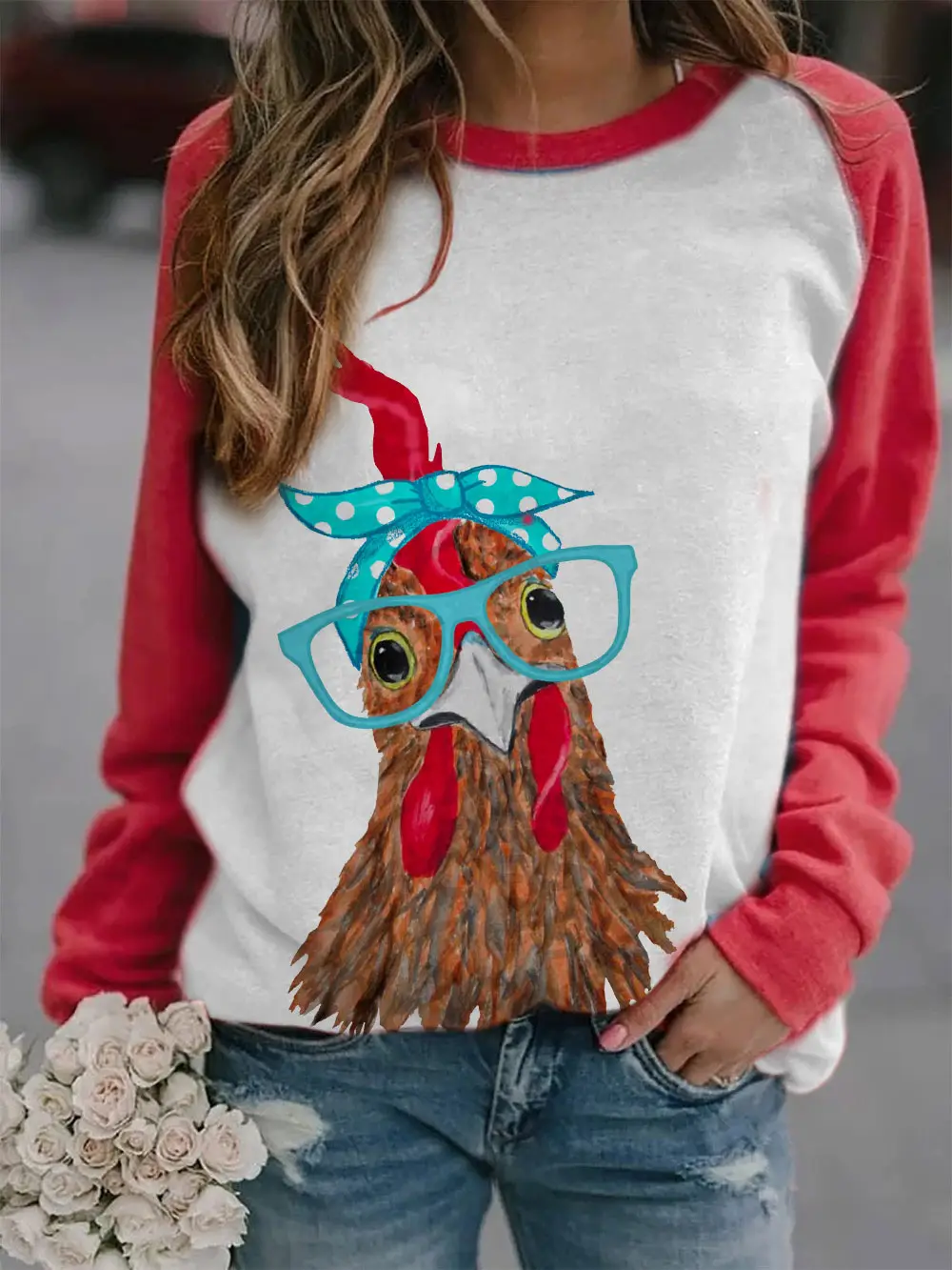 2022 3D Animal Print Raglan Pullover Sweater White Red