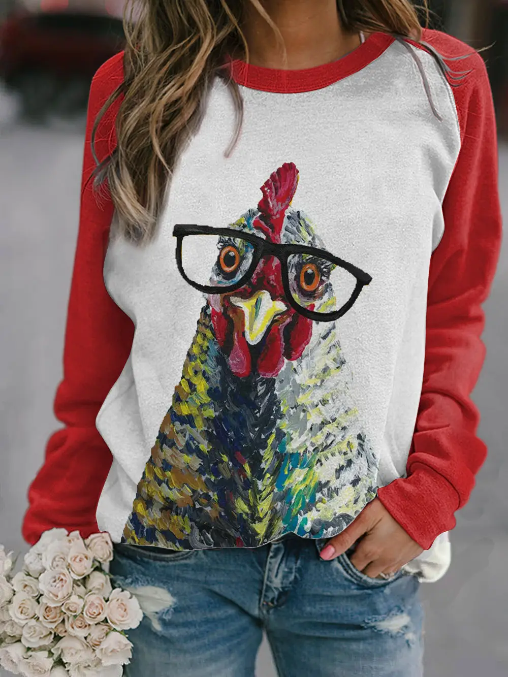 2022 3D Animal Print Raglan Pullover Sweater White Red
