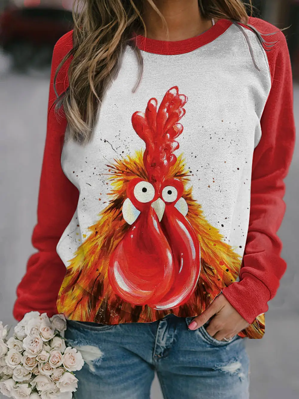 2022 3D Animal Print Raglan Pullover Sweater White Red