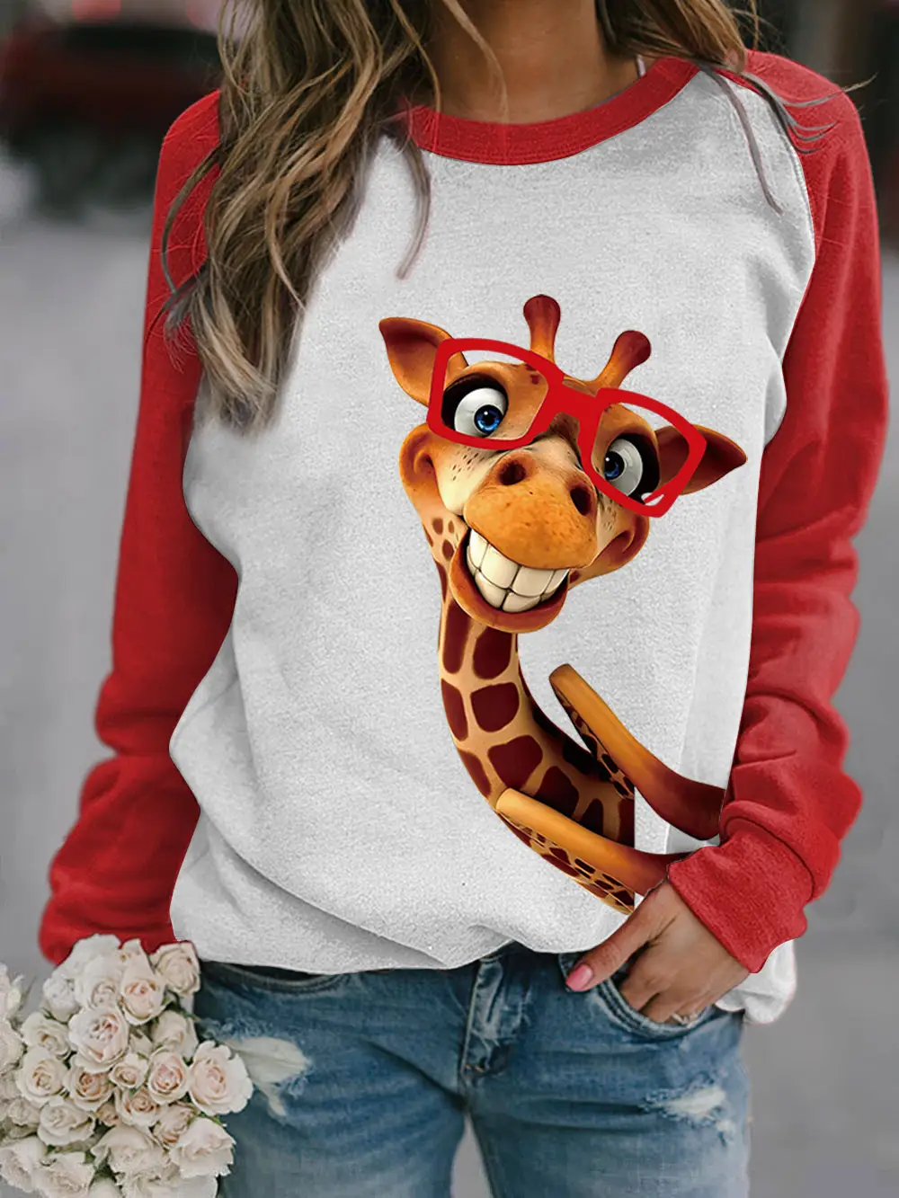 2022 3D Animal Print Raglan Pullover Sweater White Red
