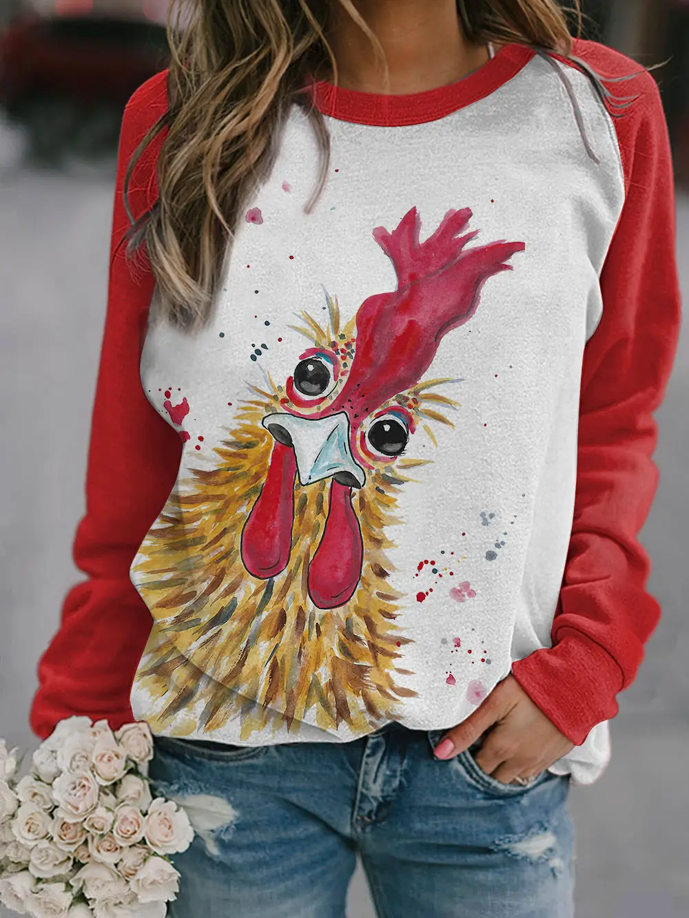 2022 3D Animal Print Raglan Pullover Sweater White Red