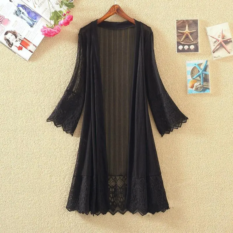 Women's White Lace Mid-Length Cardigan with Three-Quarter Sleeves - Image 2