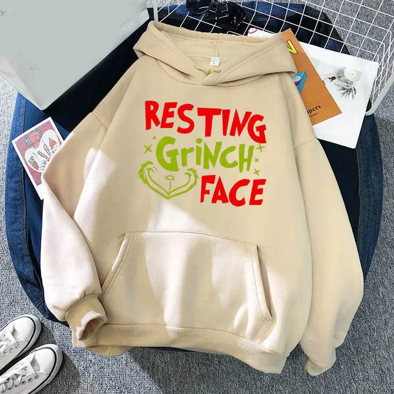 2012 Grinch Face Printed Hoodie Beige - Image 9