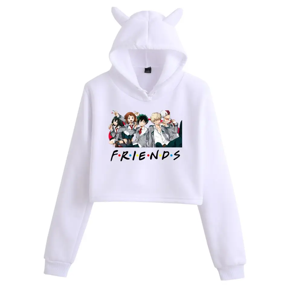 Women's Cat Ear Hoodie White Friends Print - Image 2