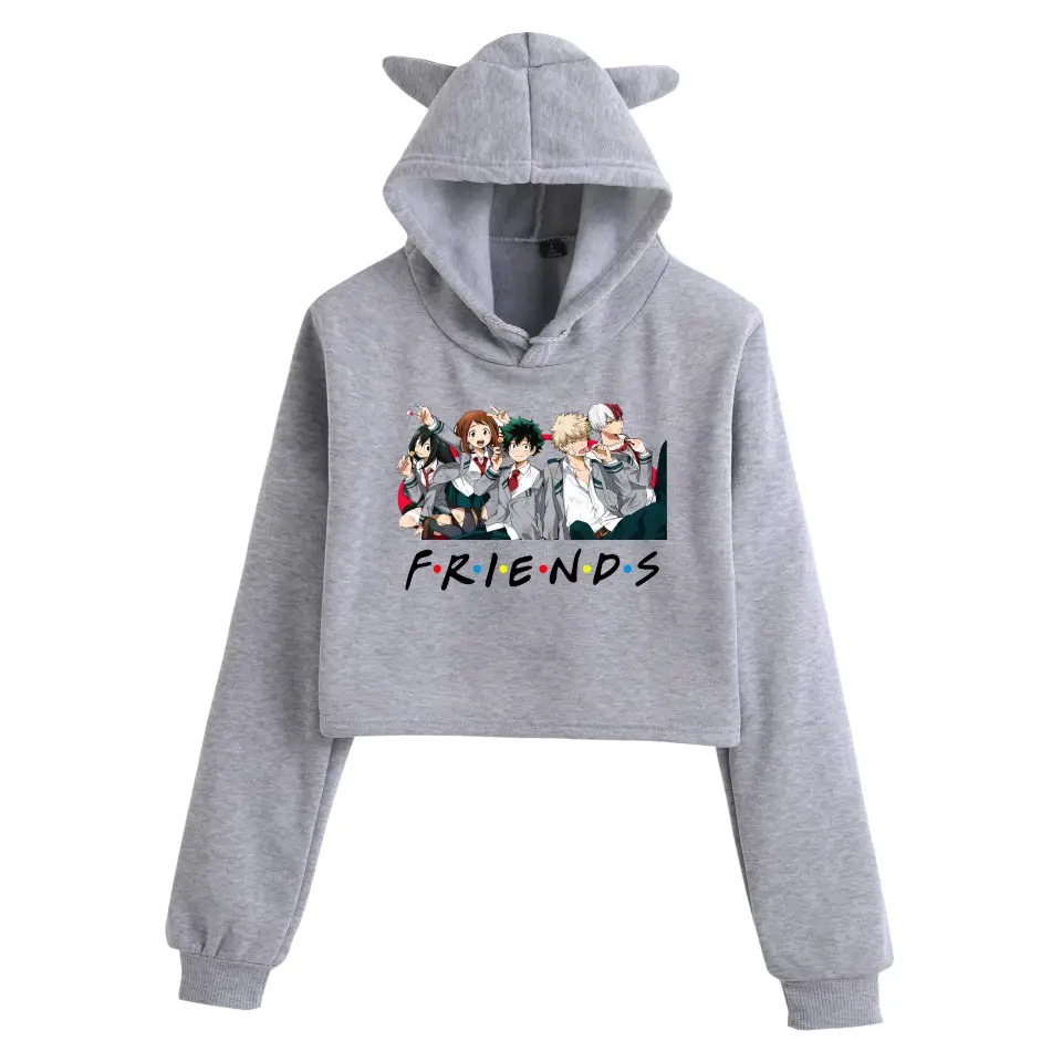 Women's Cat Ear Hoodie White Friends Print - Image 3
