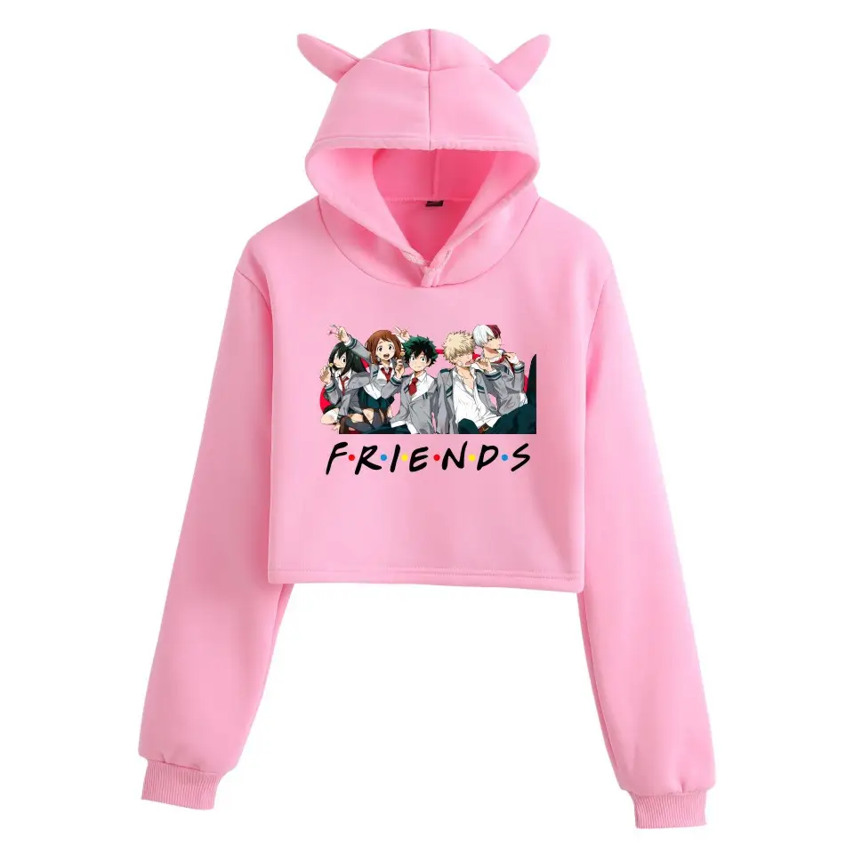 Women's Cat Ear Hoodie White Friends Print - Image 4