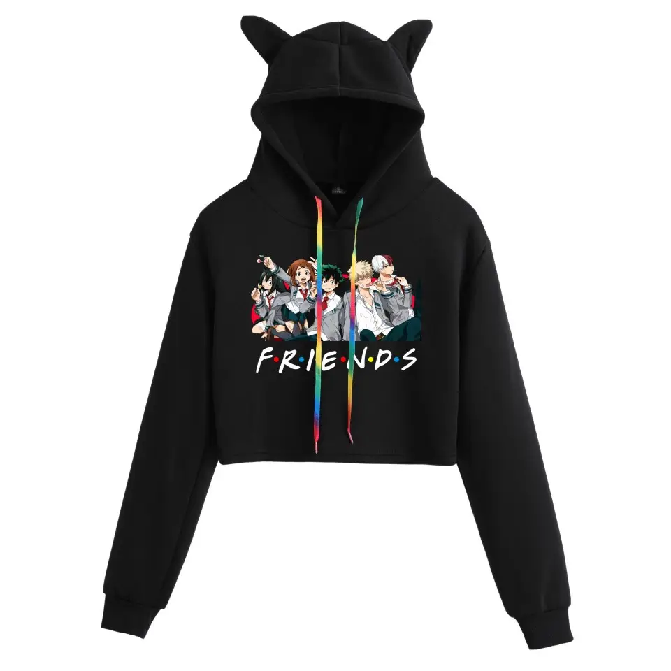 Women's Cat Ear Hoodie White Friends Print - Image 5