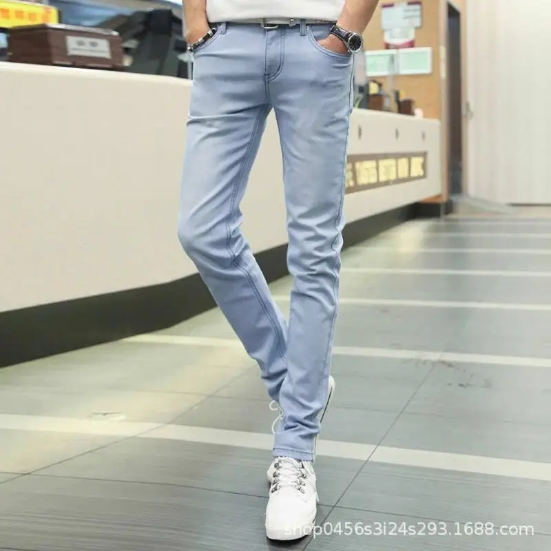 Men Korean Style Stretch Slim Fit Jeans Blue - Image 5