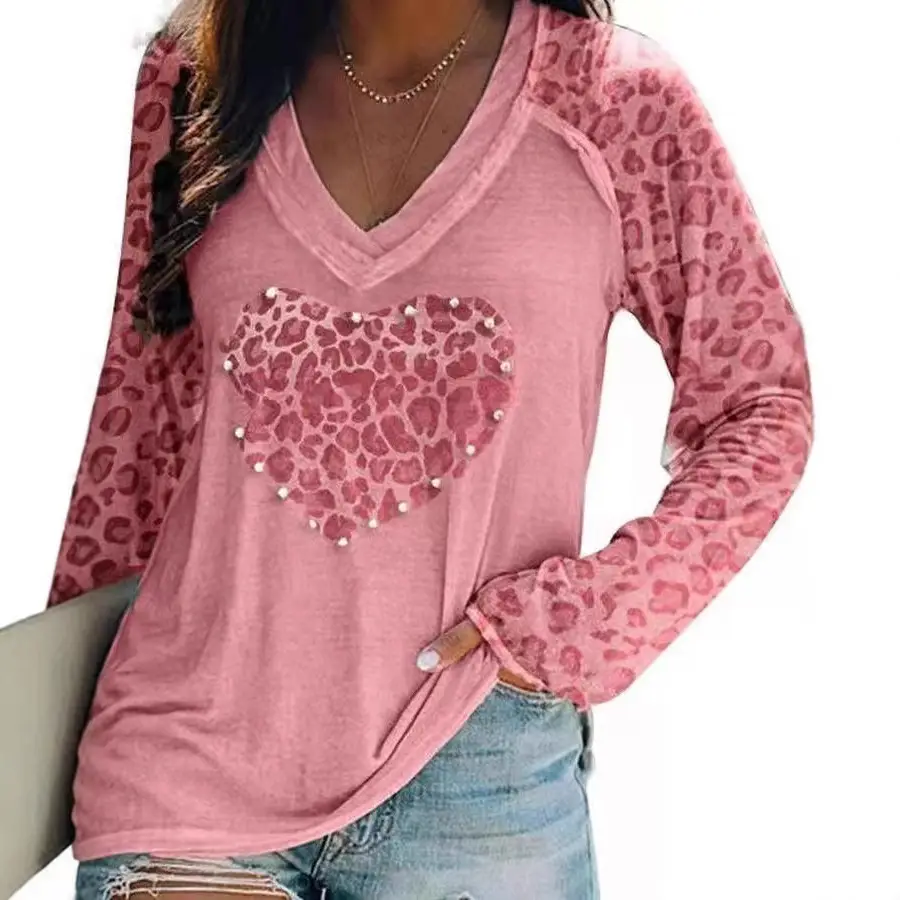 2025 Women Leopard Heart V Neck Long Sleeve Top - Image 9