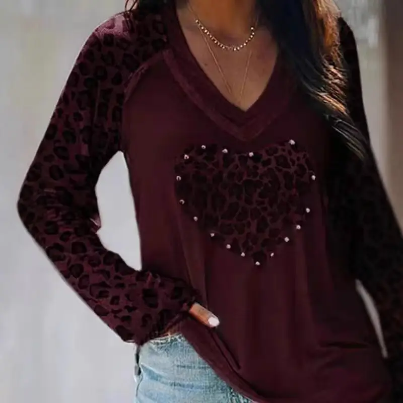 2025 Women Leopard Heart V Neck Long Sleeve Top - Image 10