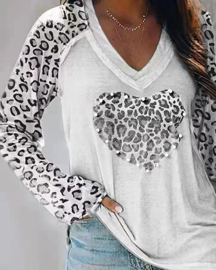 2025 Women Leopard Heart V Neck Long Sleeve Top - Image 2