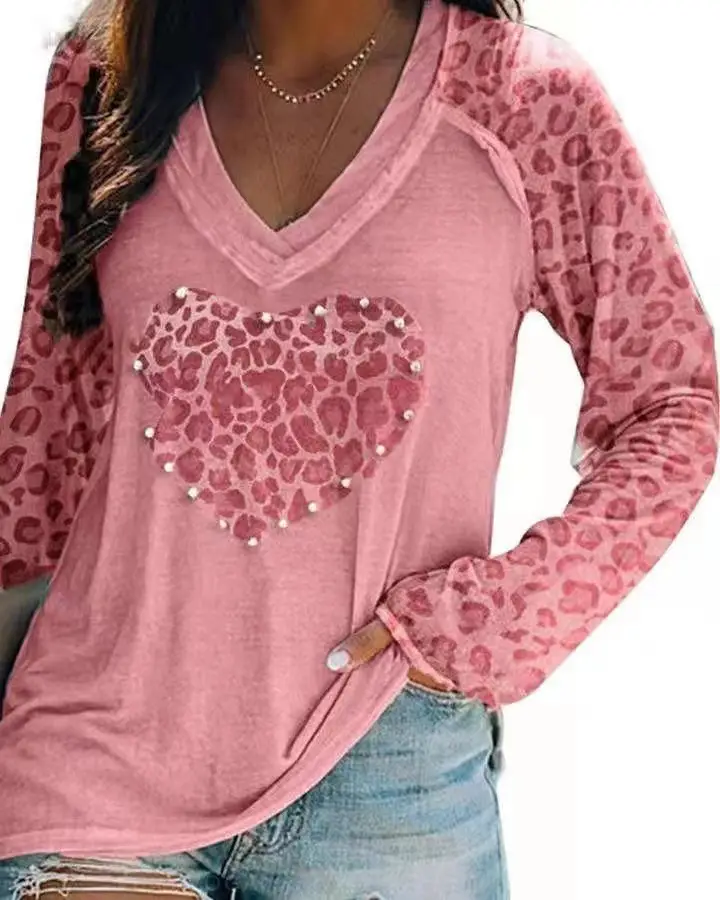 2025 Women Leopard Heart V Neck Long Sleeve Top - Image 3