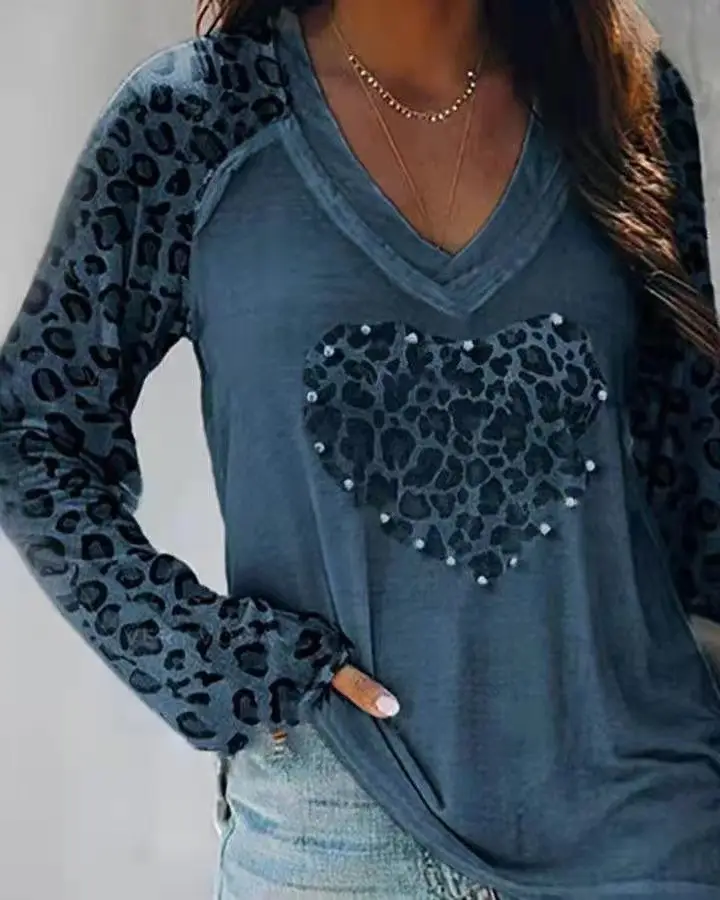 2025 Women Leopard Heart V Neck Long Sleeve Top - Image 4