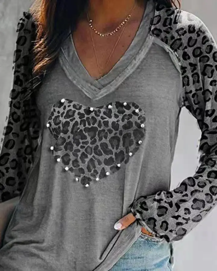 2025 Women Leopard Heart V Neck Long Sleeve Top - Image 5