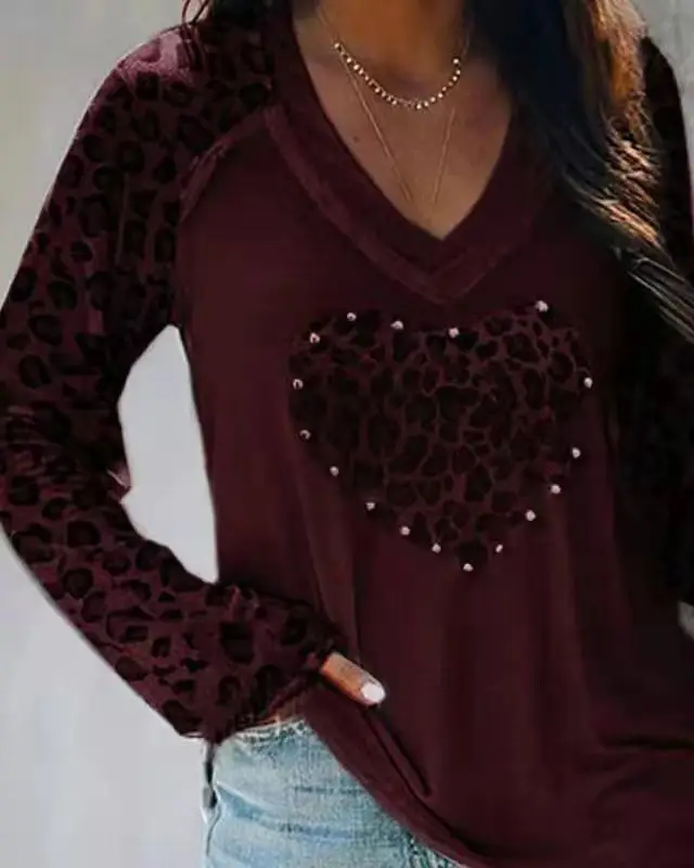 2025 Women Leopard Heart V Neck Long Sleeve Top - Image 6