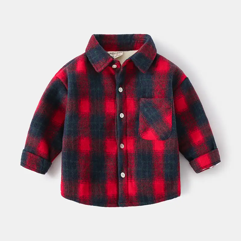 Autumn Winter Boys Fleece Plaid Lapel Shirt - Image 2