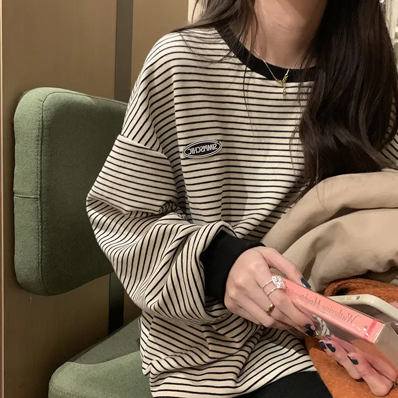 Women Striped Long Sleeve Sweatshirt 2025 Autumn Korean Style - Image 2