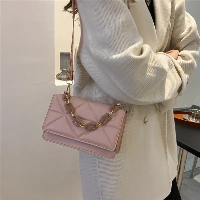 Pink Quilted Chain Shoulder Bag with Gold Strap - Image 7