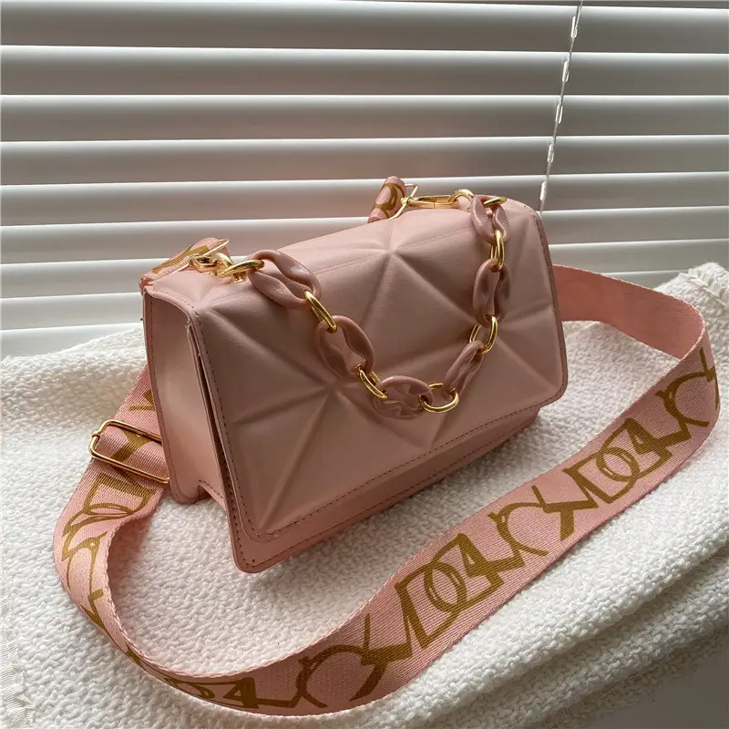 Pink Quilted Chain Shoulder Bag with Gold Strap - Image 3