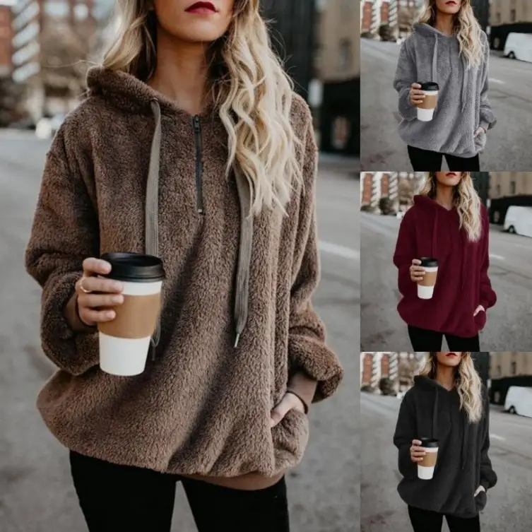 Women's Maroon Hooded Sweatshirt Long Sleeve Solid Color — feature 2