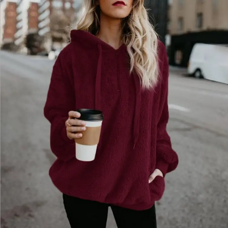 Women's Maroon Hooded Sweatshirt Long Sleeve Solid Color — feature 6