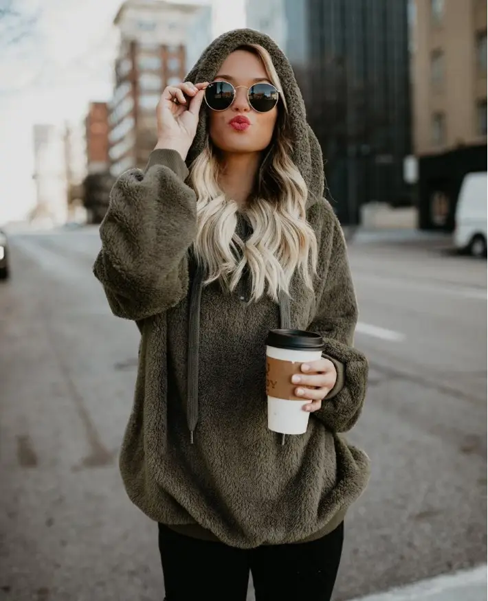 Women's Maroon Hooded Sweatshirt Long Sleeve Solid Color — feature 7