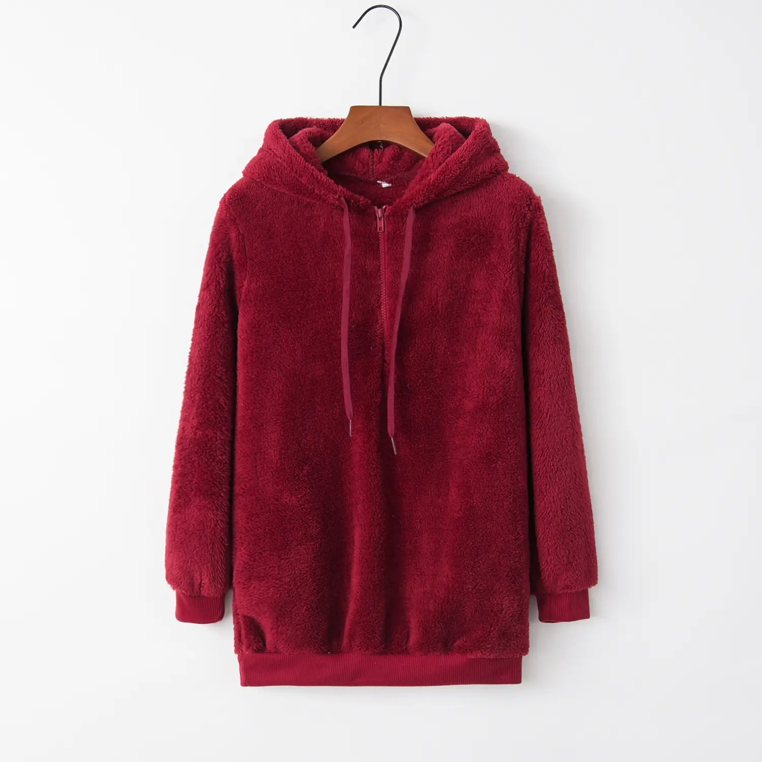 Women's Maroon Hooded Sweatshirt Long Sleeve Solid Color - Image 5