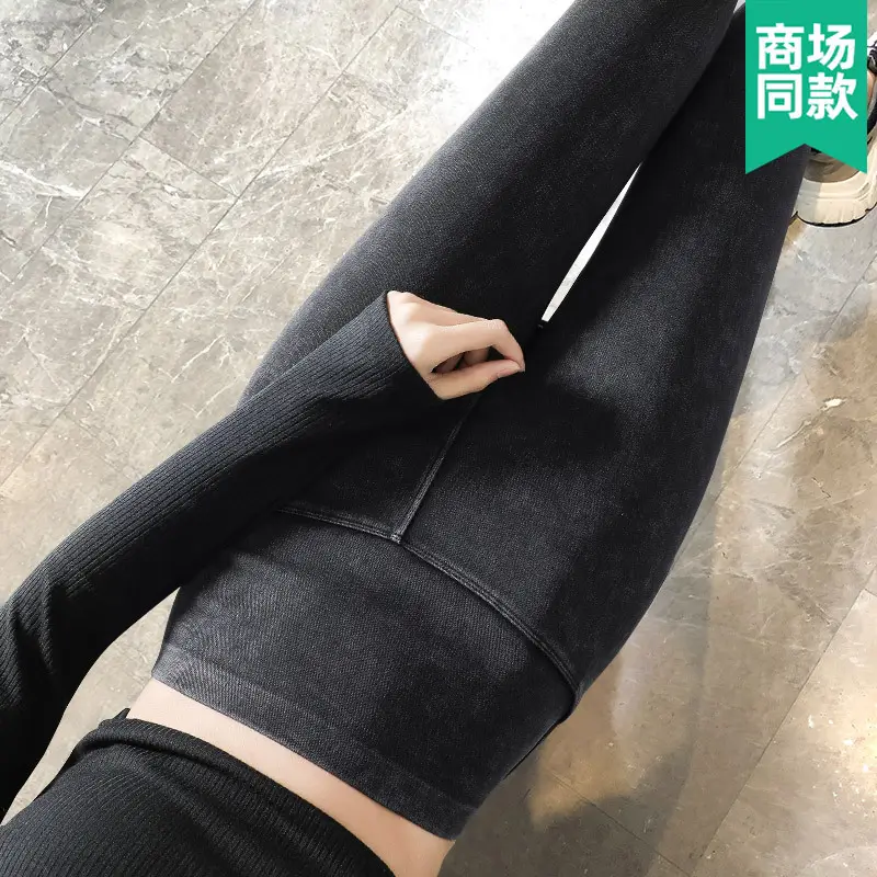 Fleece Lined Black Faux Denim Leggings for Women - Image 6