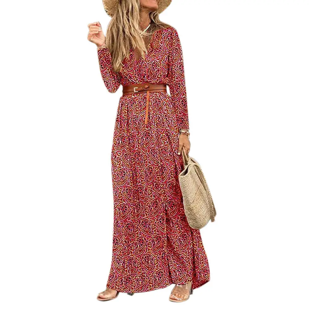 Long Sleeve V-Neck Floral Dress Women's Western Style