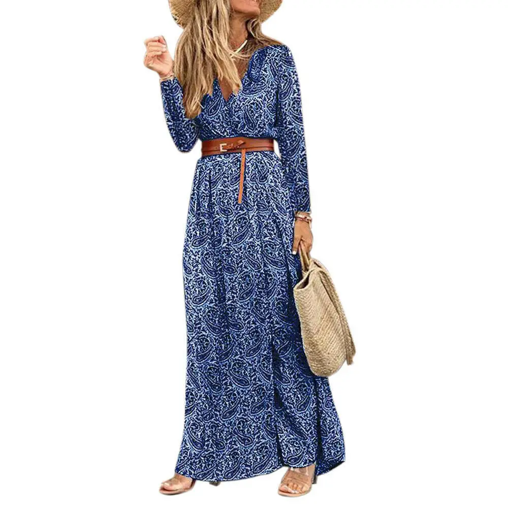Long Sleeve V-Neck Floral Dress Women's Western Style