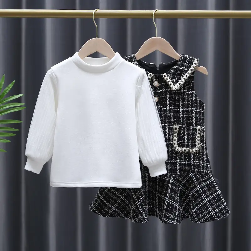 Girls Korean Style 2-Piece Suit Black White Pearl Trim - Image 4