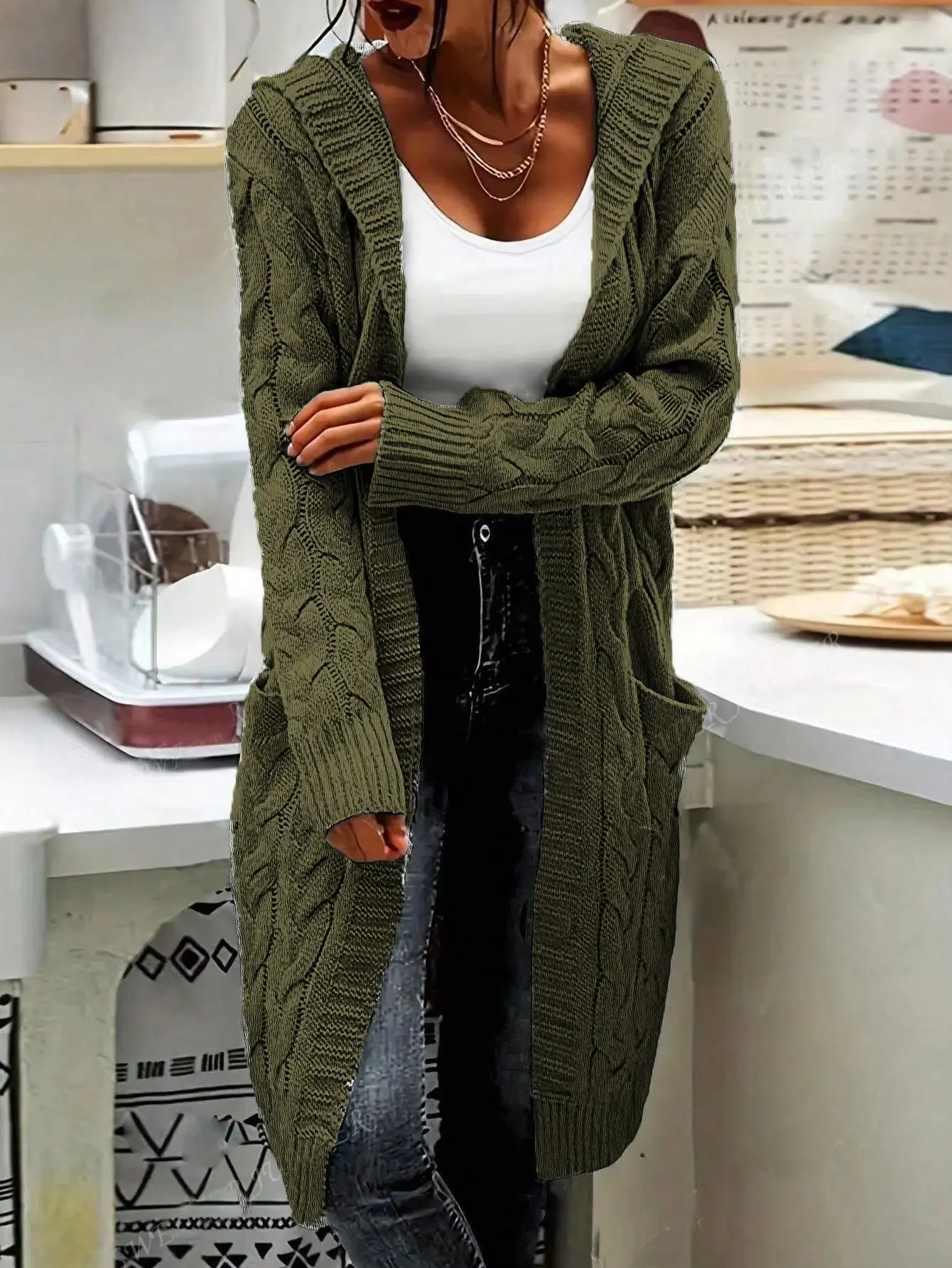 Women's Grey Knitted Long Twist Cardigan Sweater Jacket — feature 38