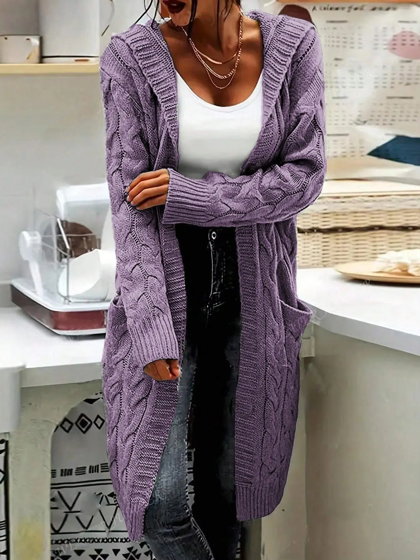 Women's Grey Knitted Long Twist Cardigan Sweater Jacket — feature 42
