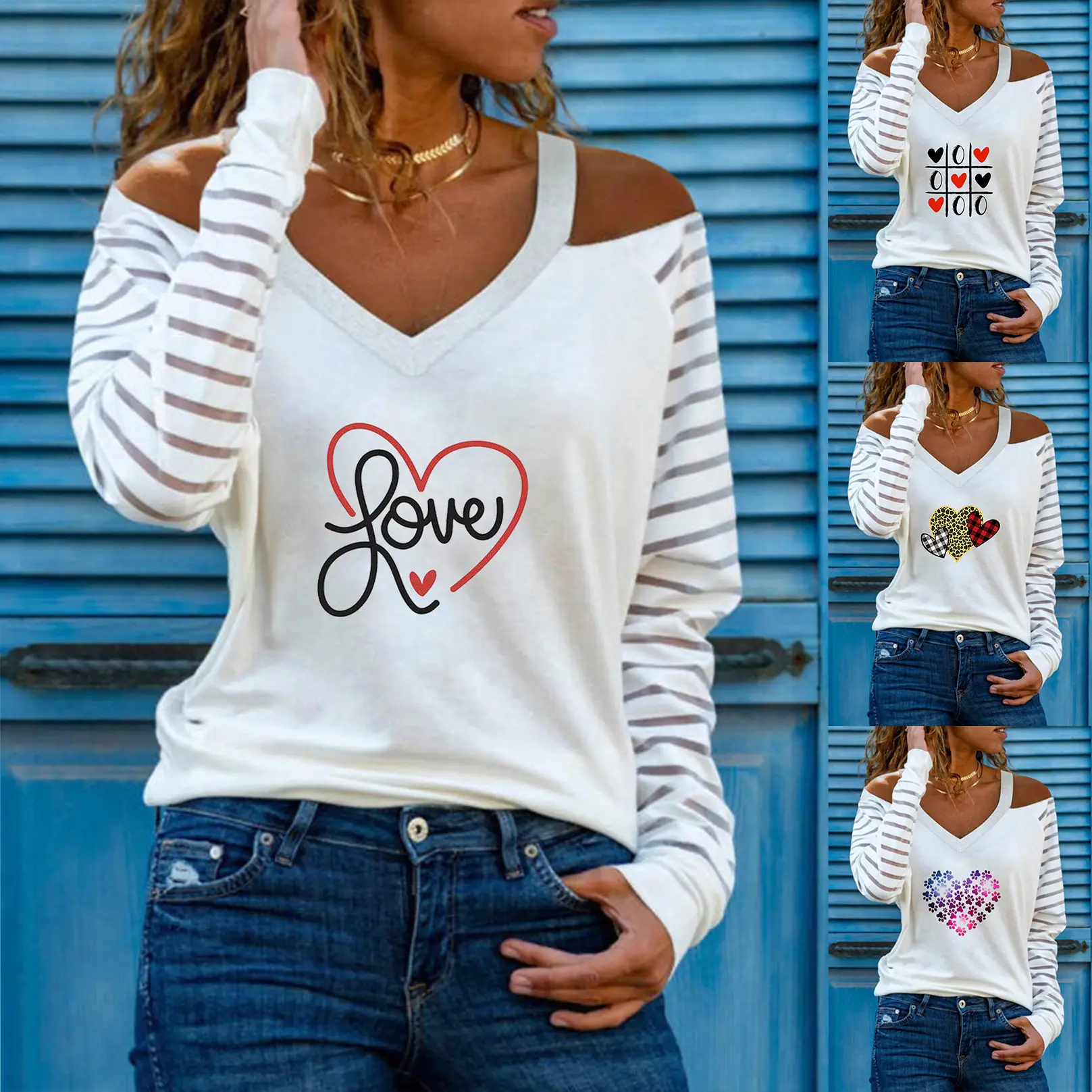 Off-shoulder V-Heart Printed Long Sleeve Top for Women - Image 22