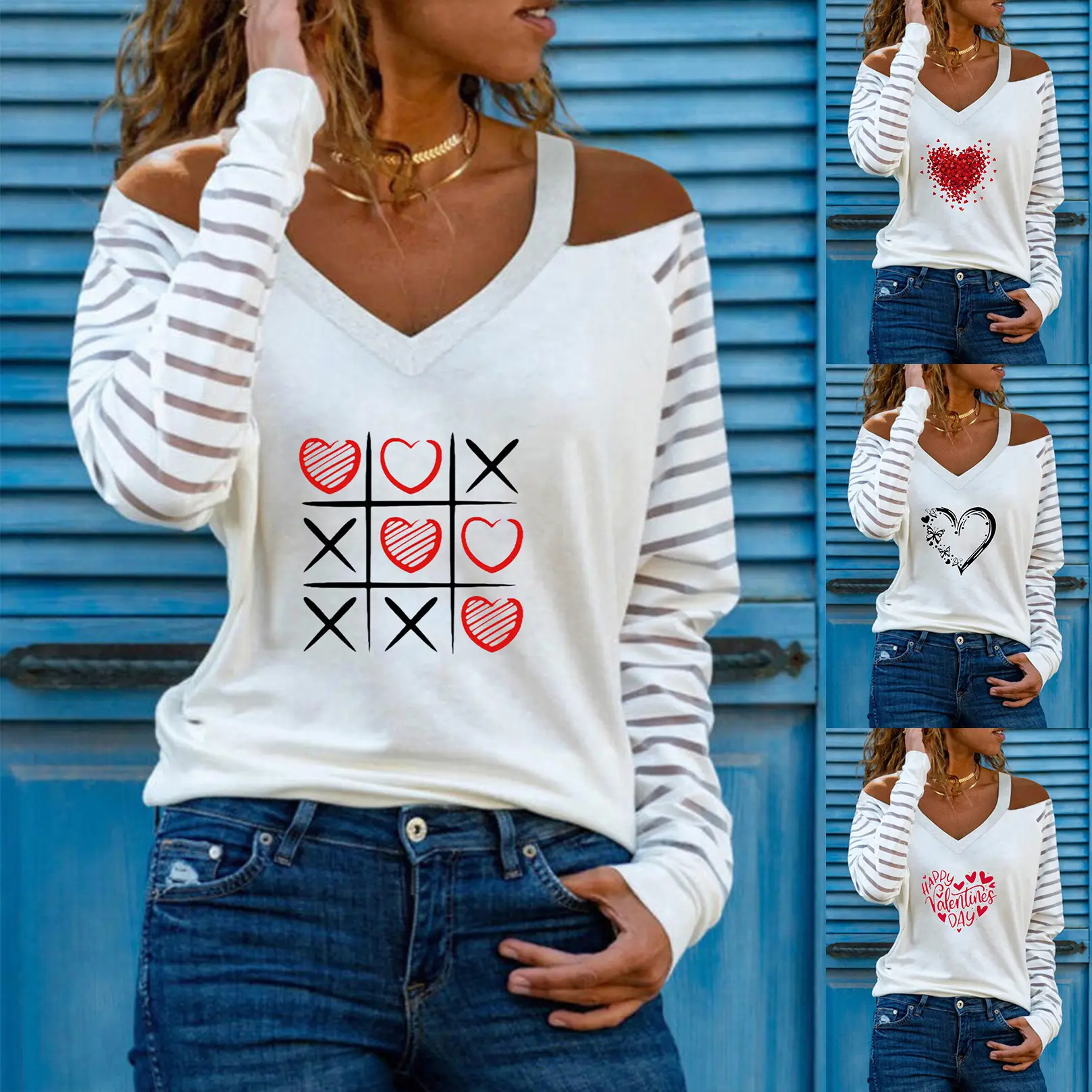 Off-shoulder V-Heart Printed Long Sleeve Top for Women - Image 23