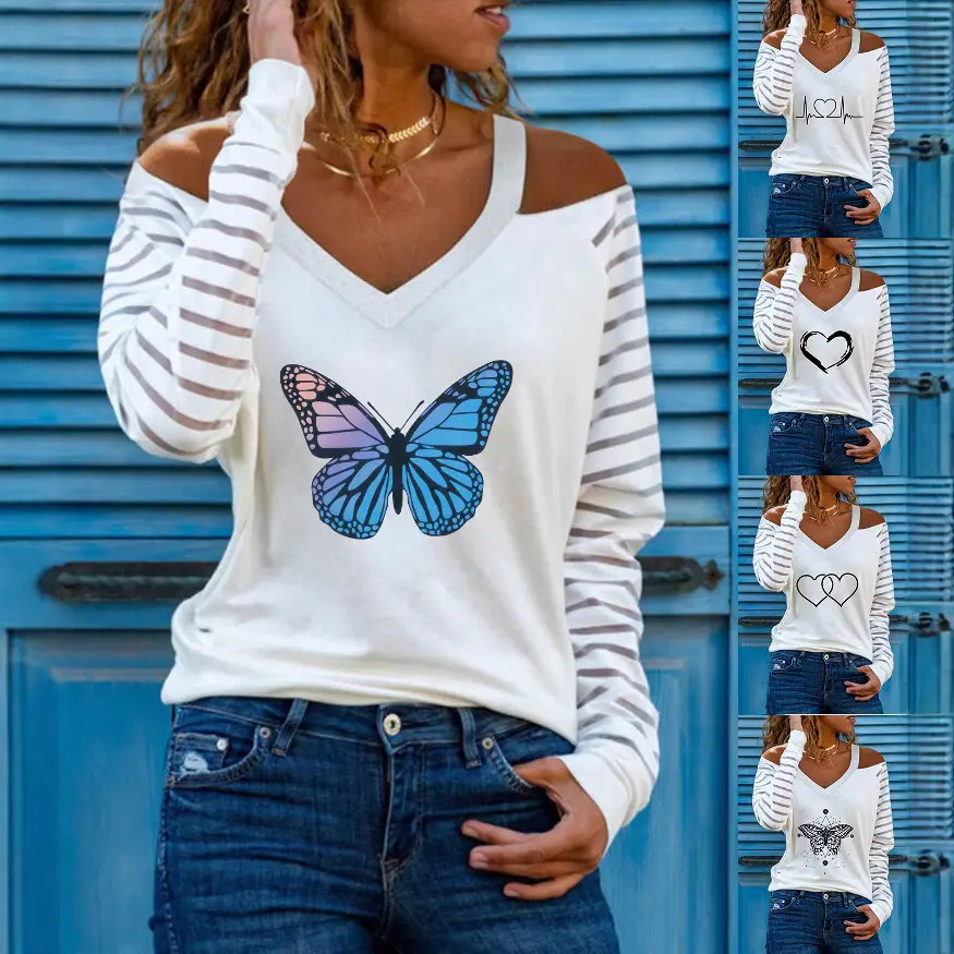 Off-shoulder V-Heart Printed Long Sleeve Top for Women - Image 24