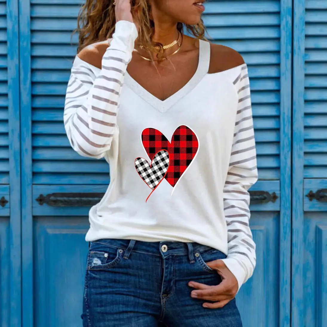Off-shoulder V-Heart Printed Long Sleeve Top for Women - Image 26