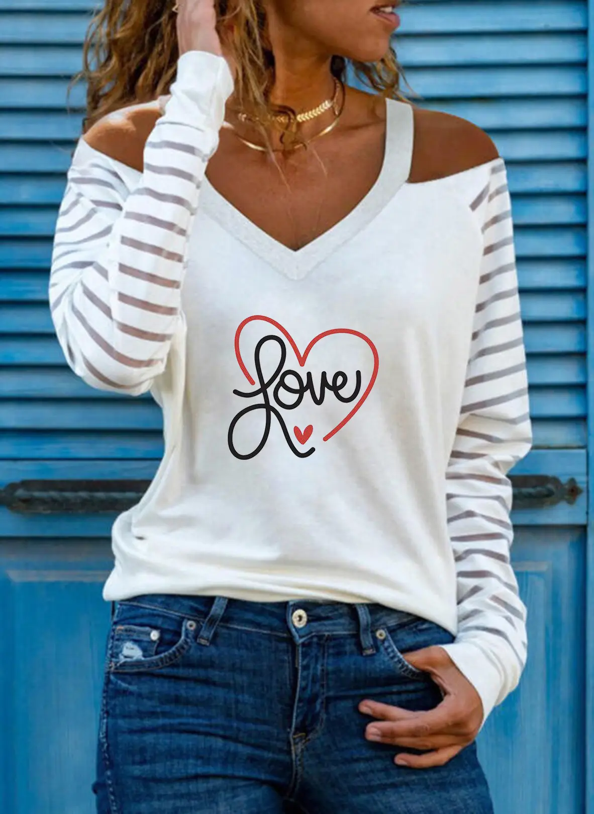 Off-shoulder V-Heart Printed Long Sleeve Top for Women - Image 13