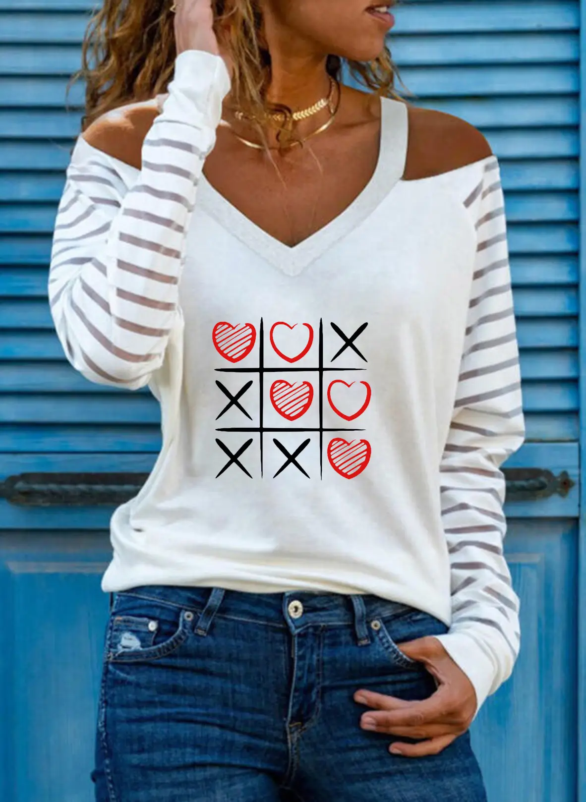 Off-shoulder V-Heart Printed Long Sleeve Top for Women - Image 14