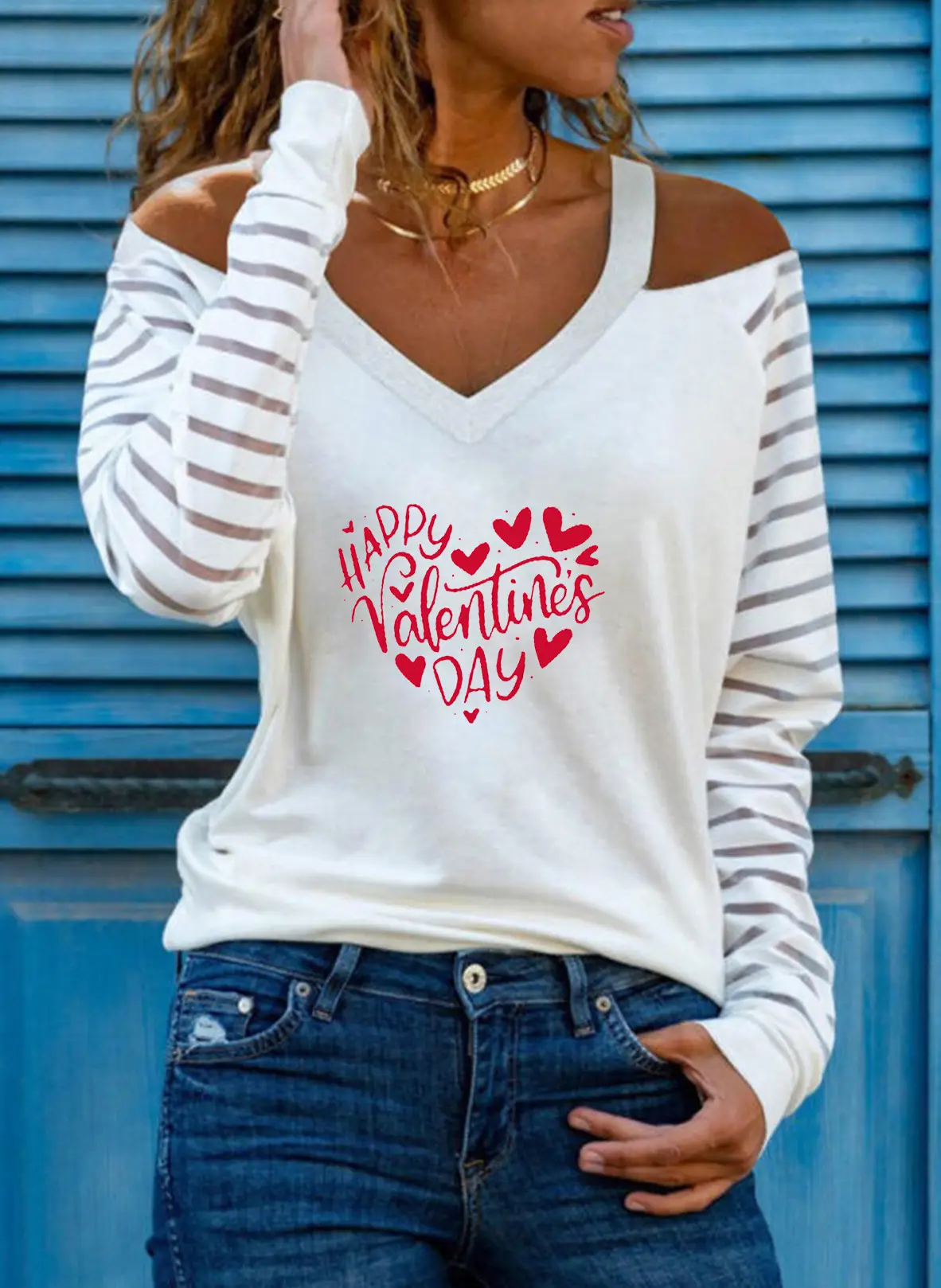 Off-shoulder V-Heart Printed Long Sleeve Top for Women - Image 15