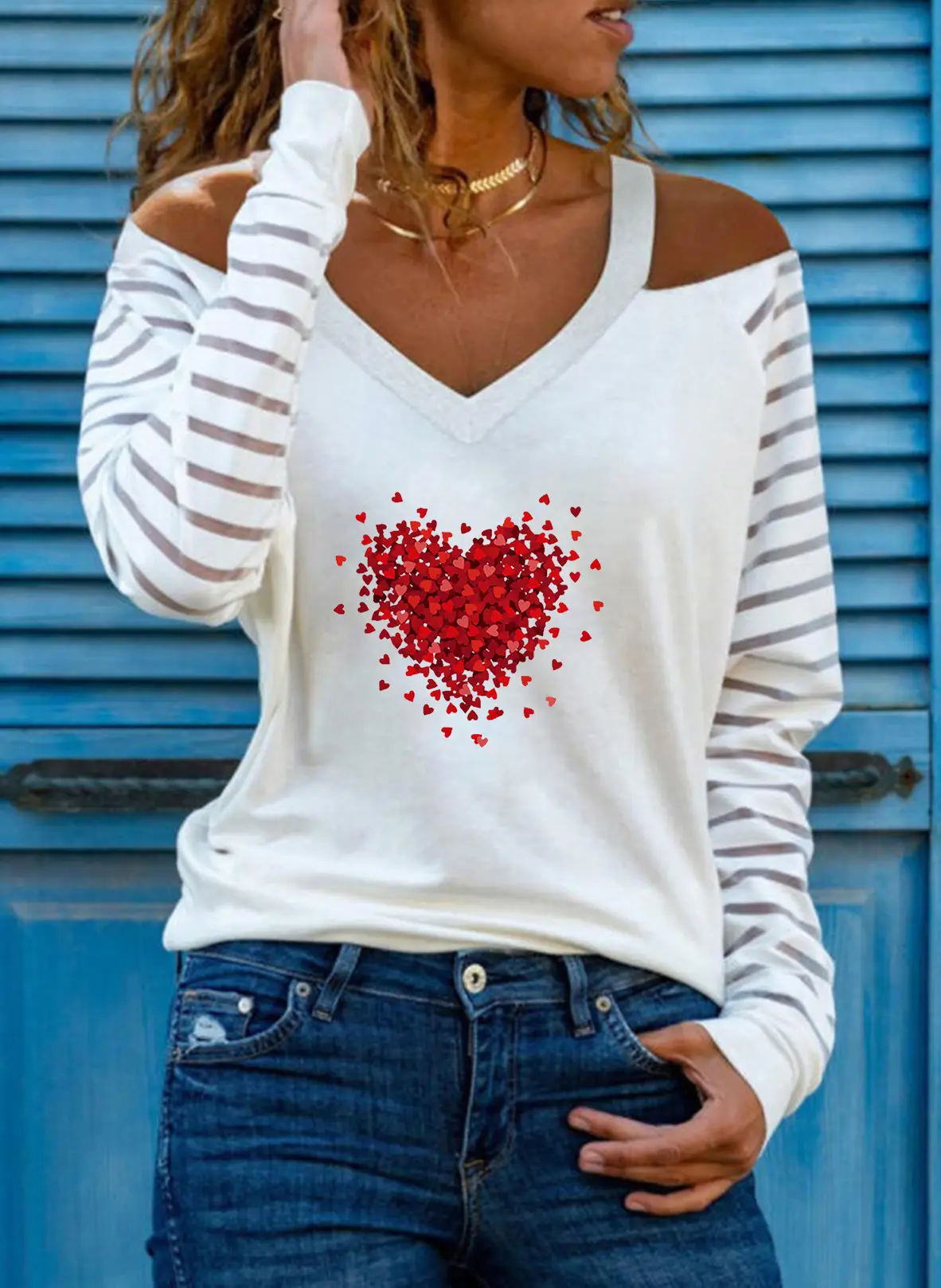 Off-shoulder V-Heart Printed Long Sleeve Top for Women - Image 16