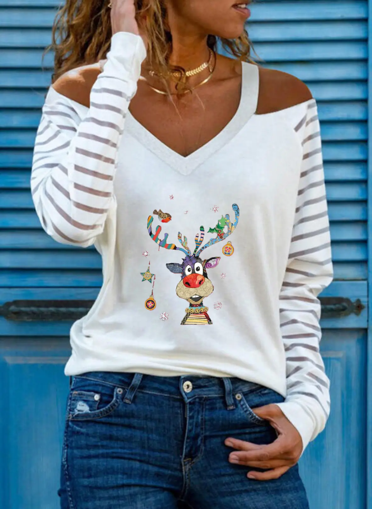 Off-shoulder V-Heart Printed Long Sleeve Top for Women - Image 7