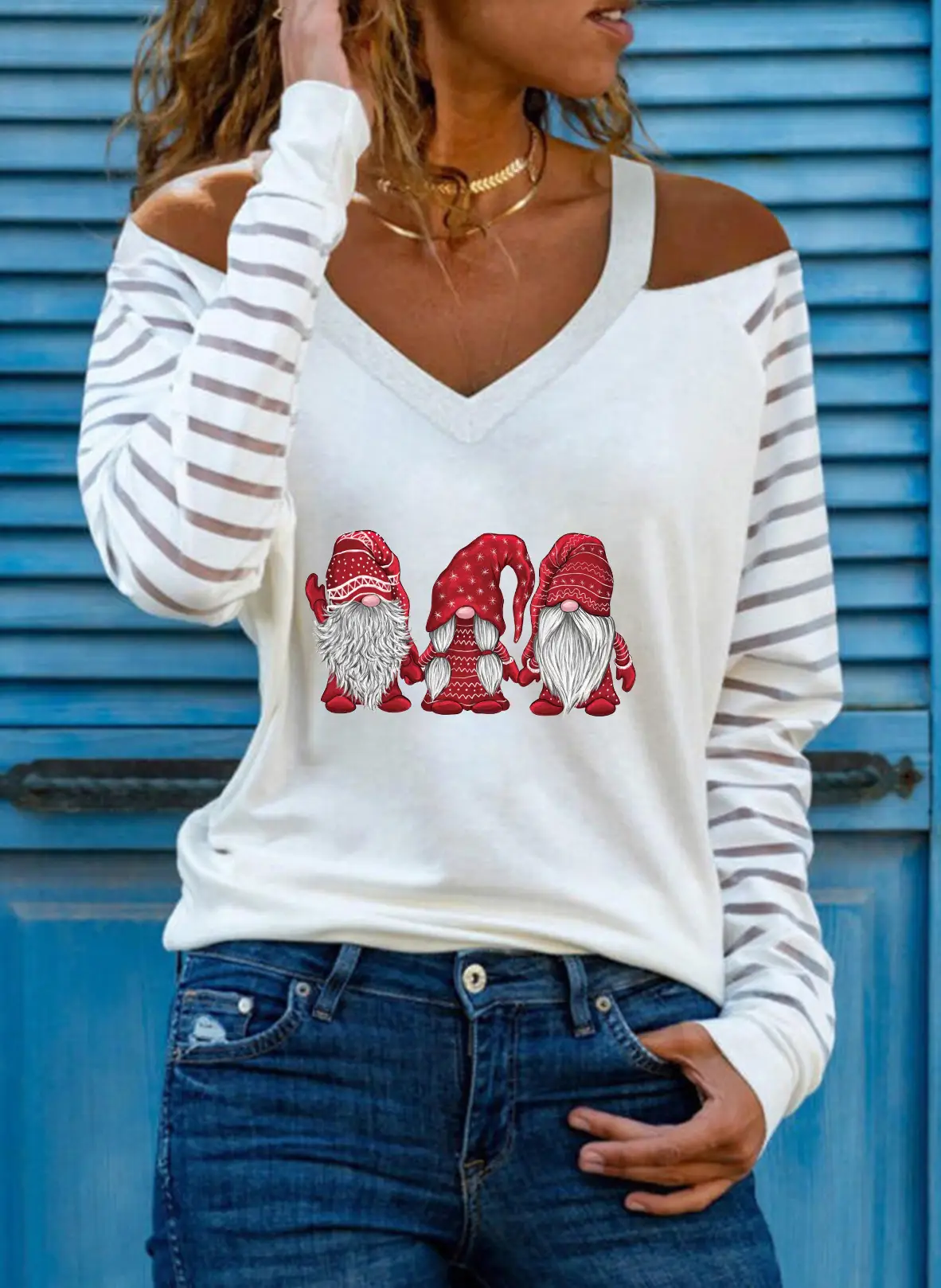 Off-shoulder V-Heart Printed Long Sleeve Top for Women - Image 8