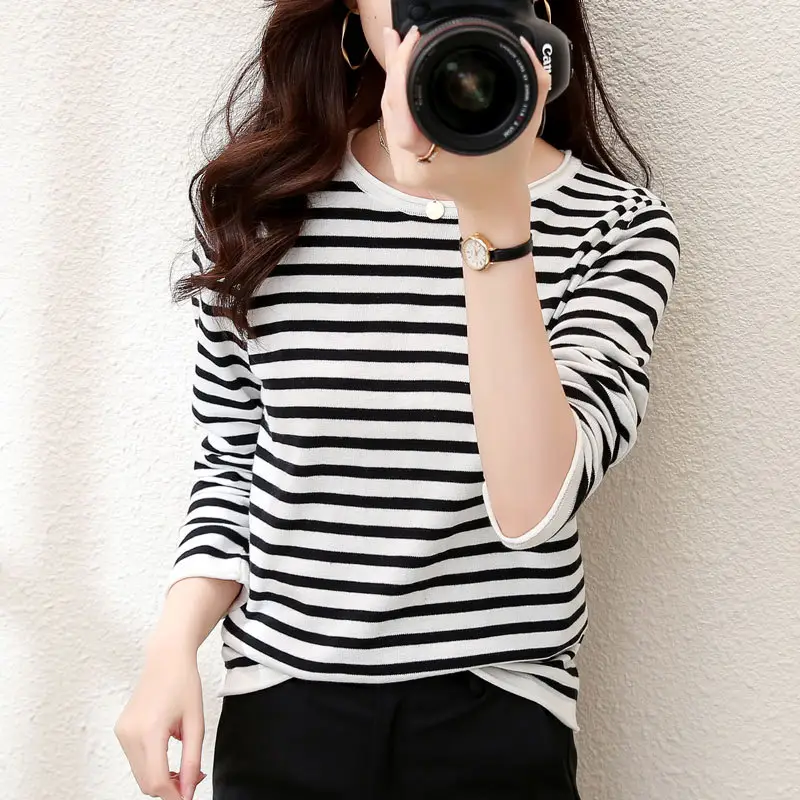 Women Striped Cotton Long Sleeve Sweater Blue White - Image 8