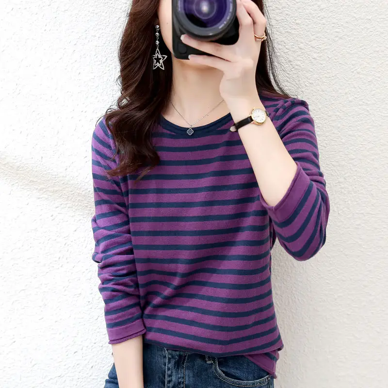 Women Striped Cotton Long Sleeve Sweater Blue White - Image 9