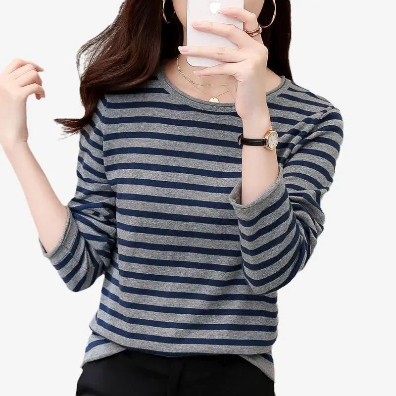 Women Striped Cotton Long Sleeve Sweater Blue White - Image 10